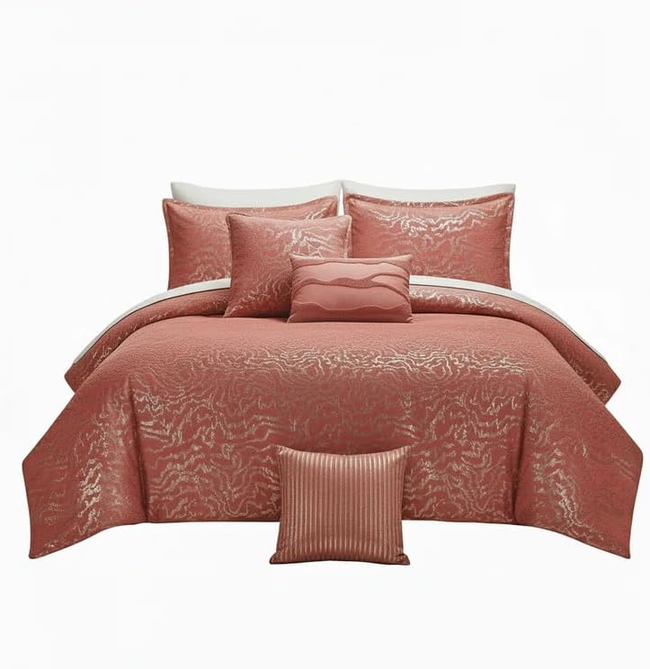 Botanical 5-Piece Comforter Set - Pintuck Bedding with Abstract Wave Design