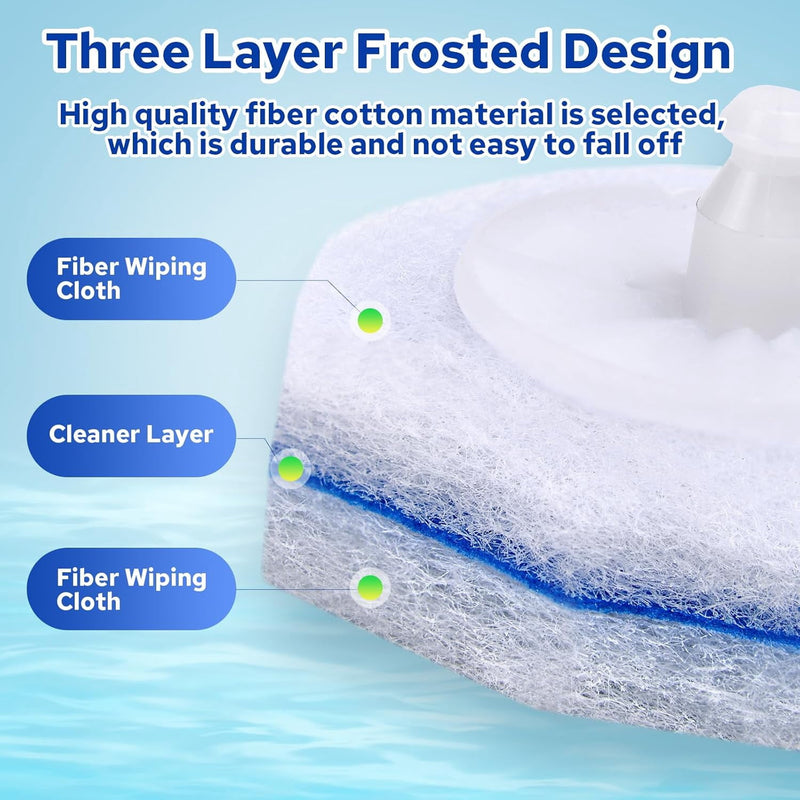 Three layer construction: fiber wiping cloth, cleaner layer, fiber wiping cloth