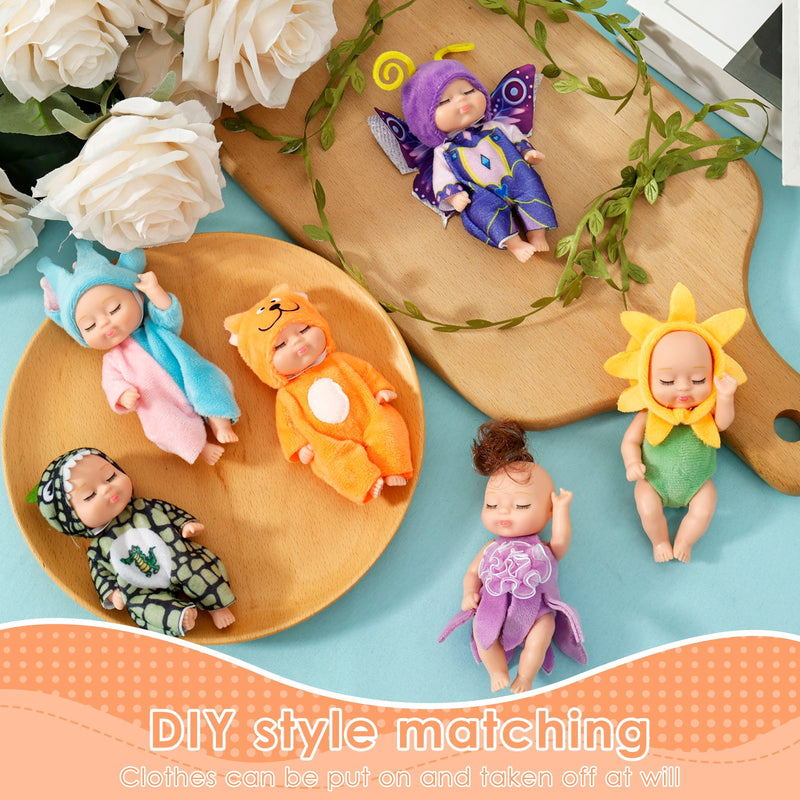 Dolls arranged on a wooden board, outfits can be swapped between dolls
