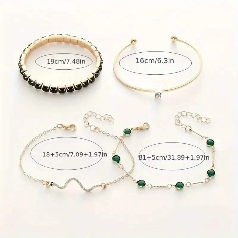 4pcs Green Emerald Rhinestone Snake Bracelet Set for Women