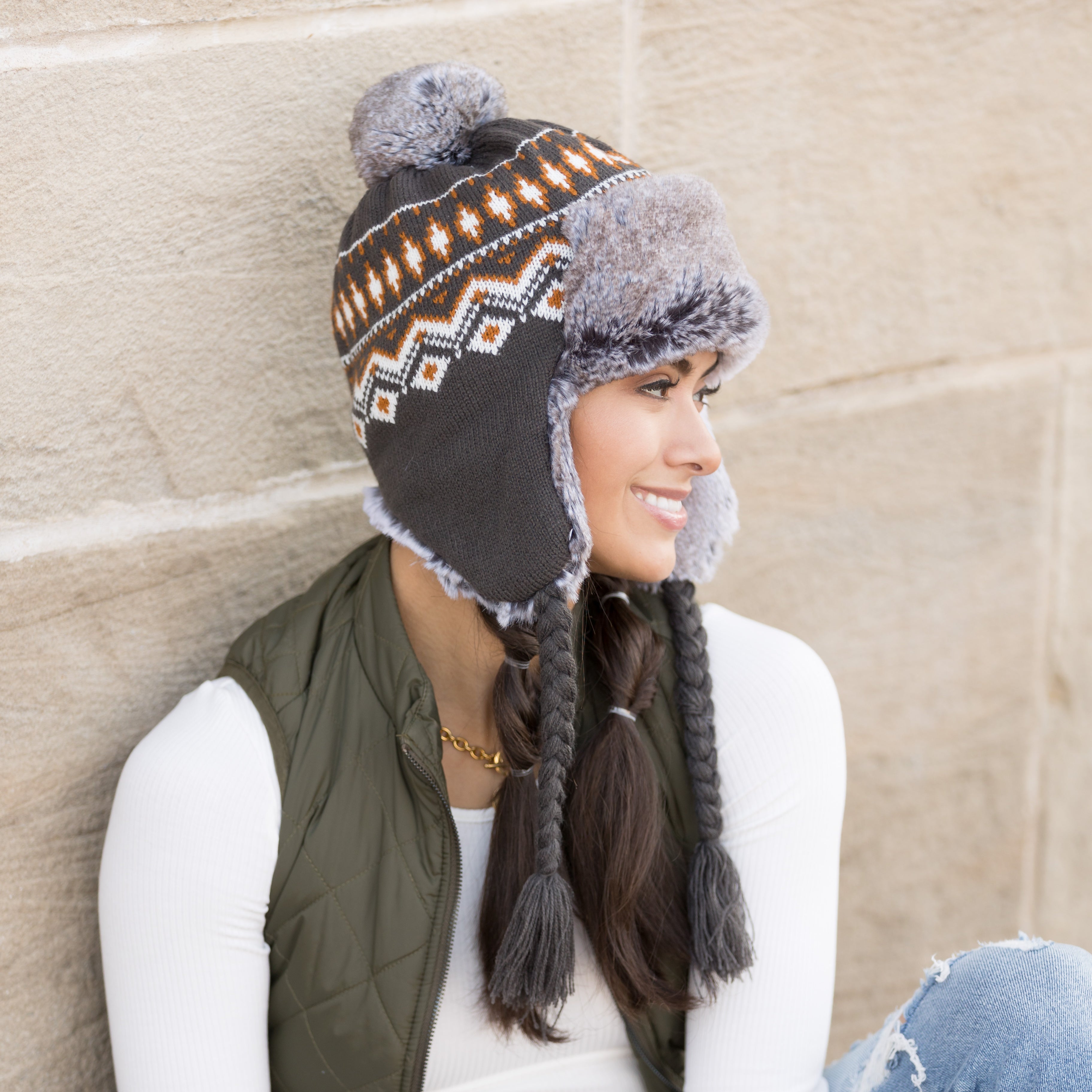 Fair Isle Pom Trapper Hat
