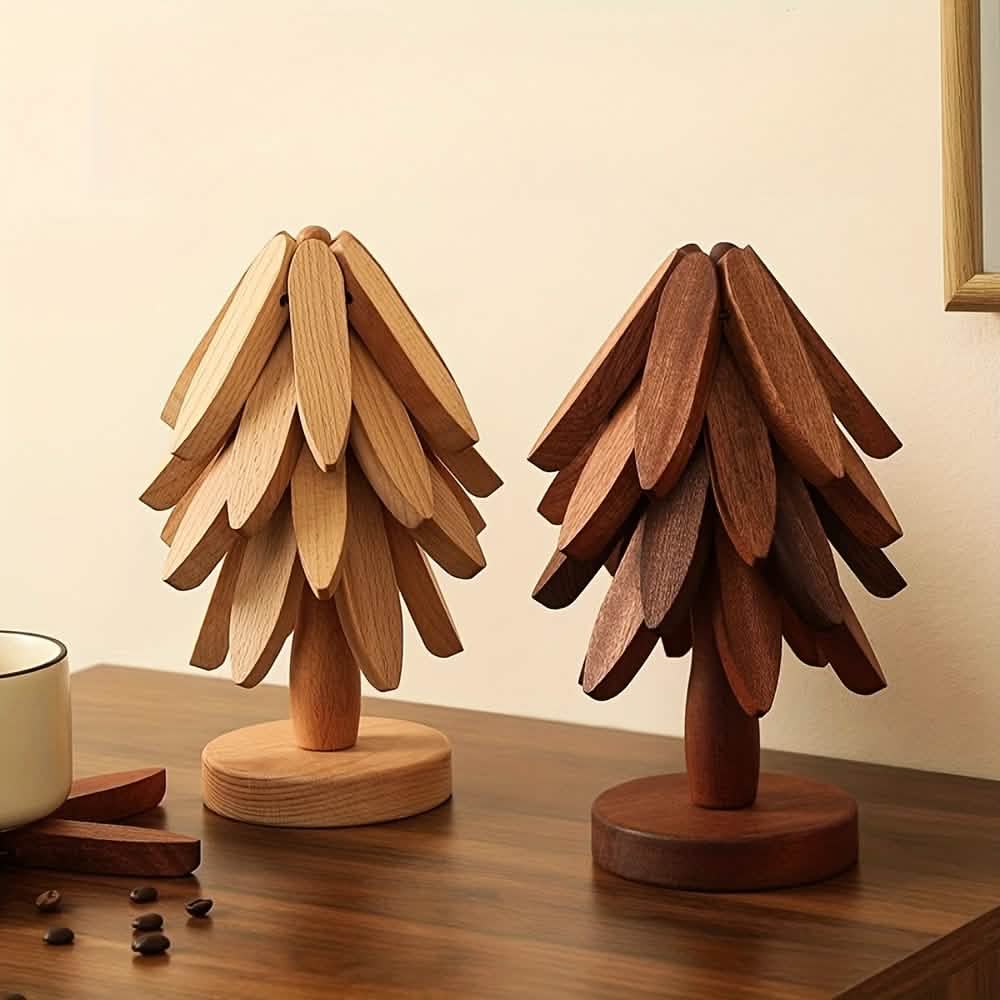 Solid Wood Heat-Resistant Table Mats – Tree-Shaped Coasters Set