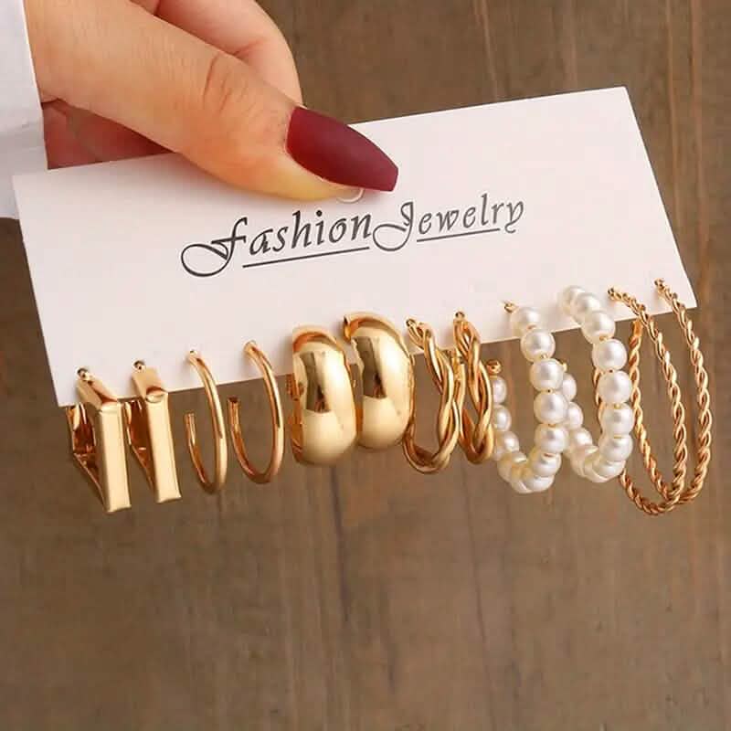 6-Pair Set: Vintage Golden Color C-Shaped Hoop Earrings Earrings - DailySale