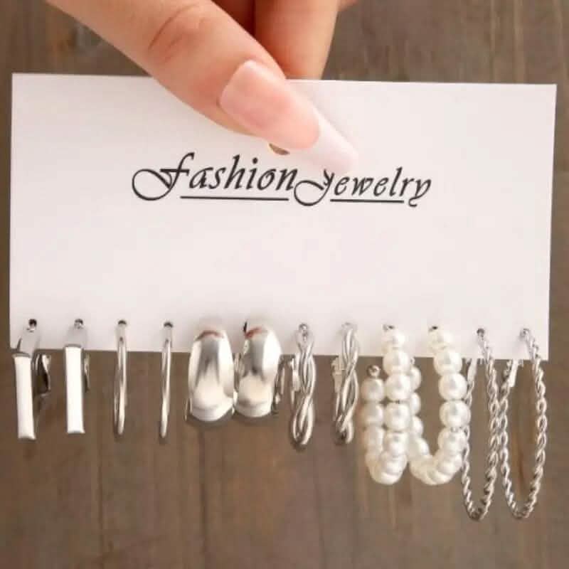 6-Pair Set: Vintage Golden Color C-Shaped Hoop Earrings Earrings Silver - DailySale