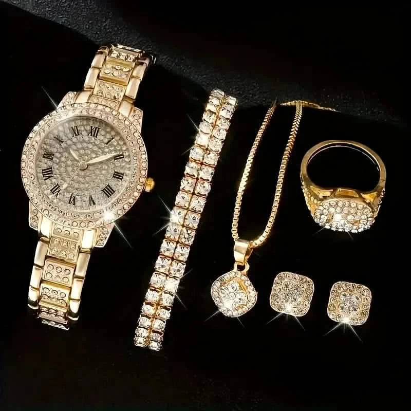 6-Pieces: Elegant Women's Jewelry Set with Quartz Roman Numerals Watch Watches Gold - DailySale