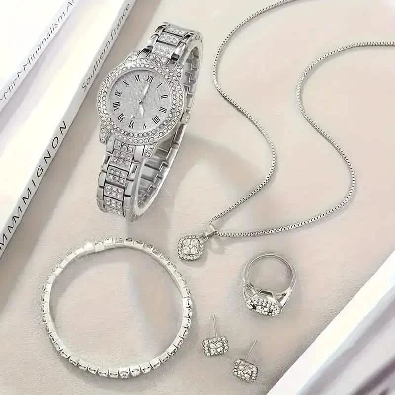 6-Pieces: Elegant Women's Jewelry Set with Quartz Roman Numerals Watch Women's Shoes & Accessories - DailySale