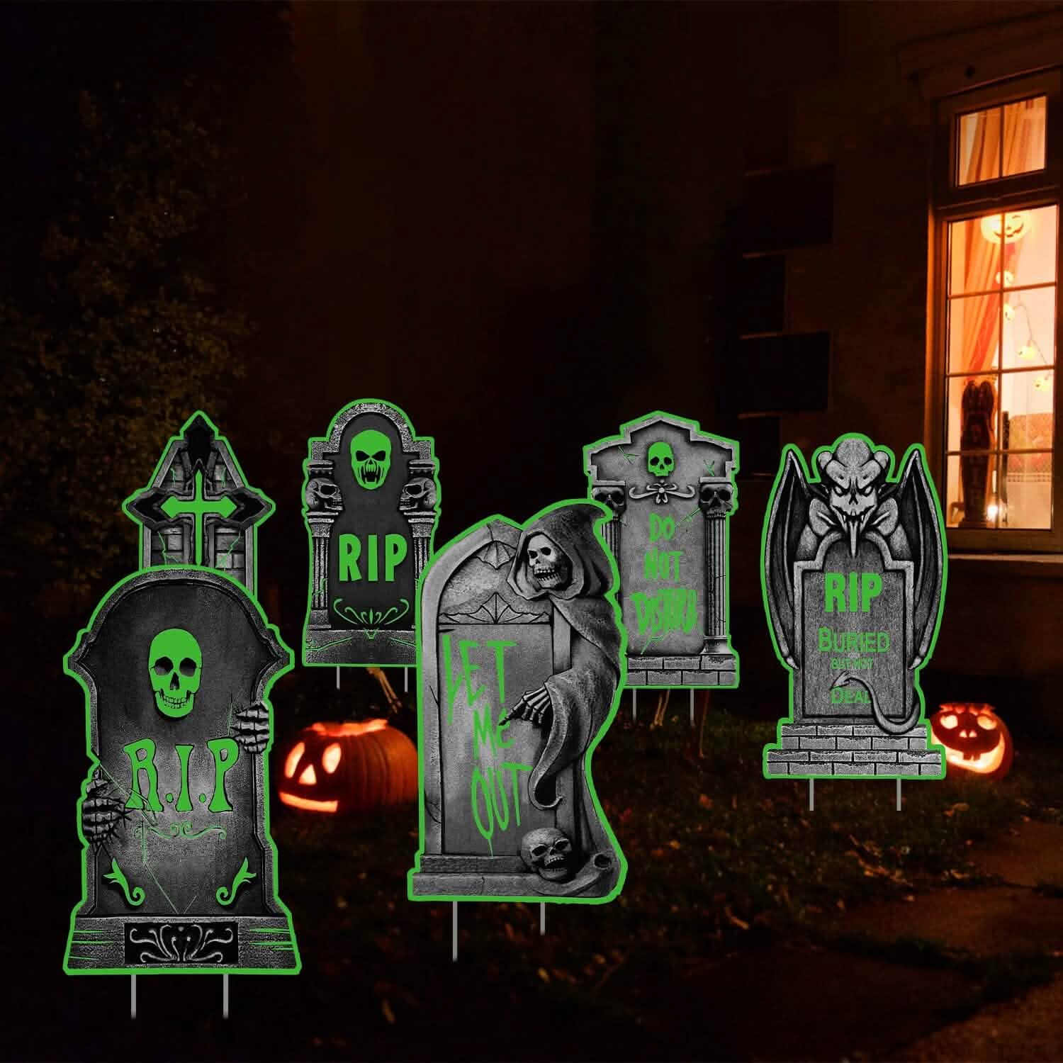 6-Pieces: Glow in the Dark Halloween Yard Sign Decorations with 12 Stakes Holiday Decor & Apparel - DailySale