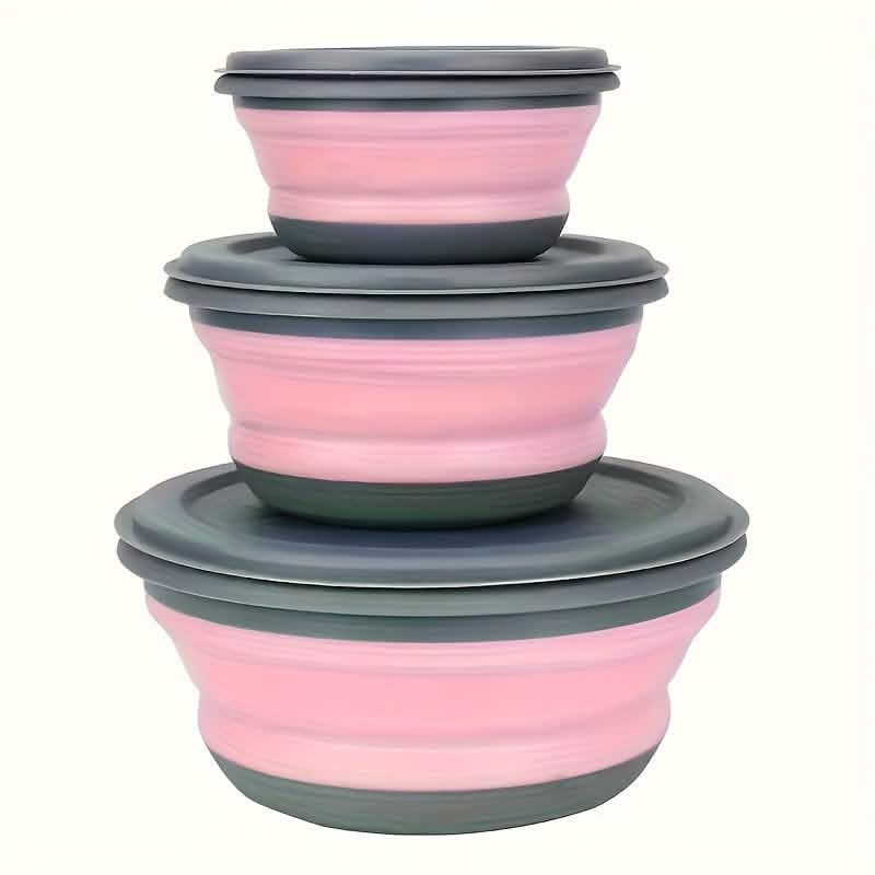 3 Foldable Silicone Camping Bowls with Lids – Blue & Pink