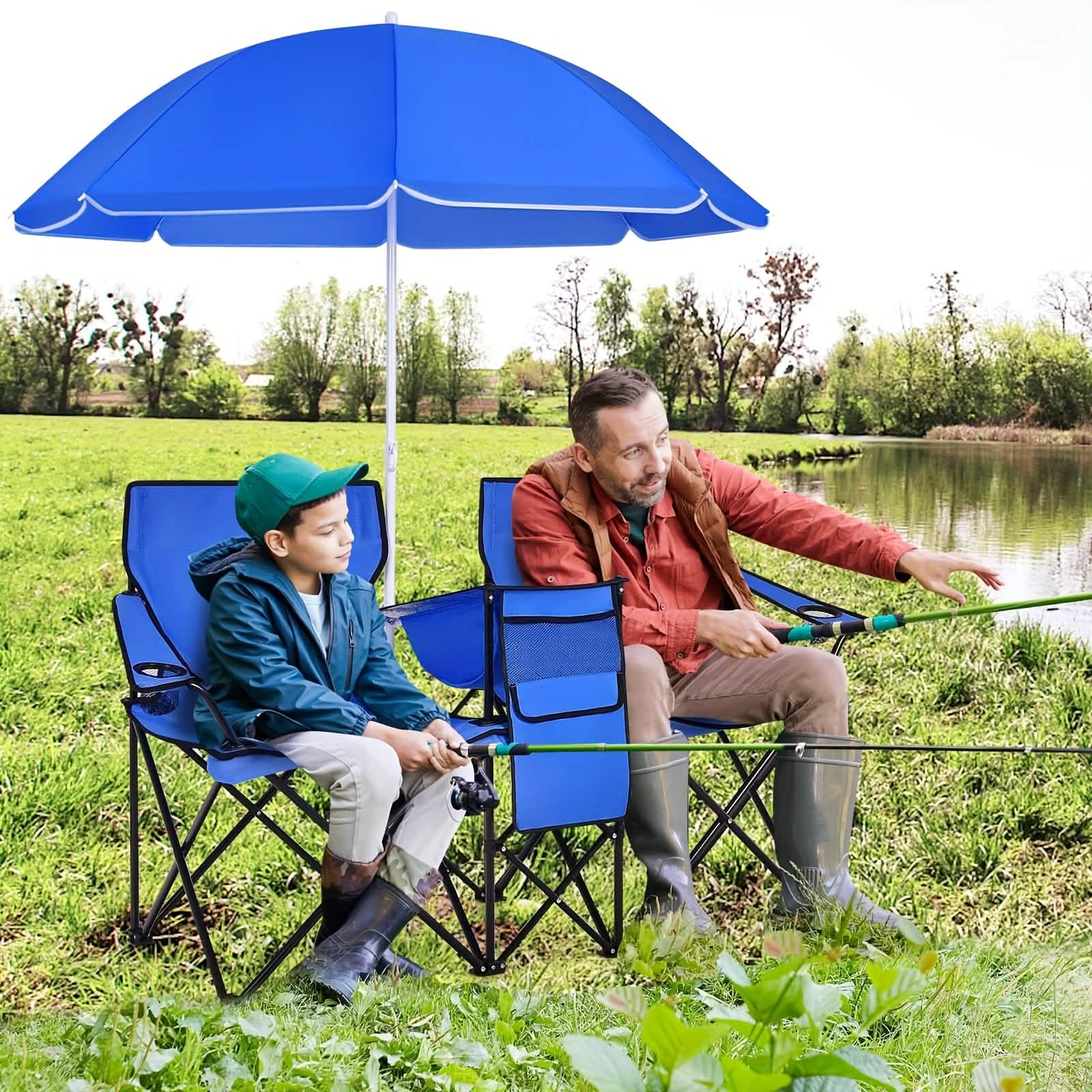 Folding Double Camping Chair with Umbrella (Blue)