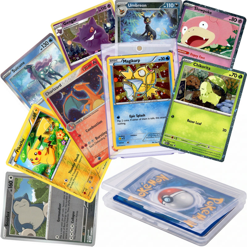 20-card mystery trading card bundle with holographic and rare cards in a storage case