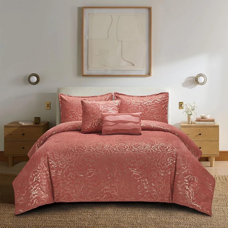 Botanical 5-Piece Comforter Set - Pintuck Bedding with Abstract Wave Design