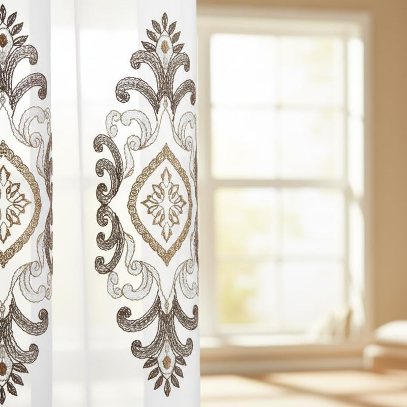 Embroidered Medallion Curtain Set – 2 Panel Window Drapes with Attached Backing & Matching Valance