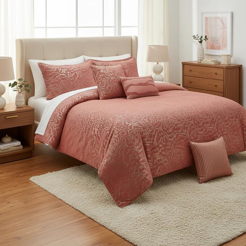Botanical 5-Piece Comforter Set - Pintuck Bedding with Abstract Wave Design
