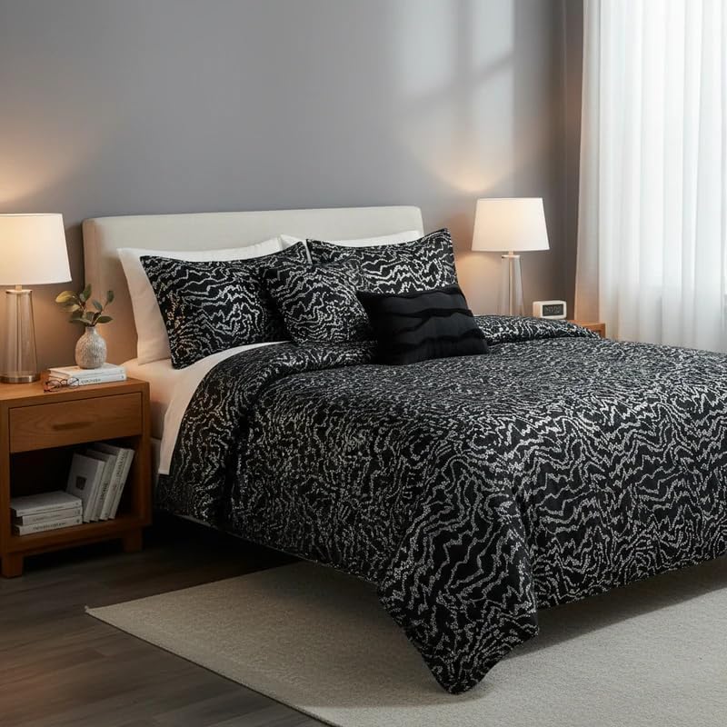 Botanical 5-Piece Comforter Set - Pintuck Bedding with Abstract Wave Design