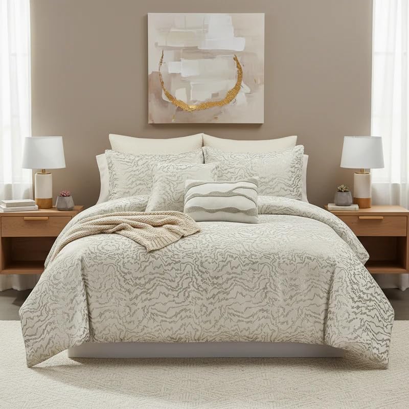 Botanical 5-Piece Comforter Set - Pintuck Bedding with Abstract Wave Design