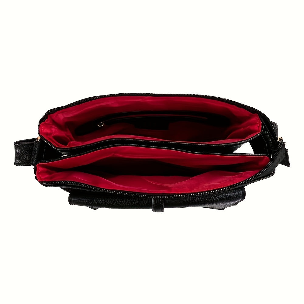 Two zip compartments inside with red lining