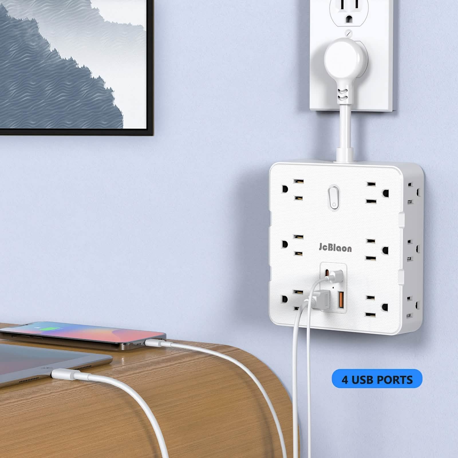 16-in-1 Power Strip – 12 AC Outlets & 4 USB Ports, White