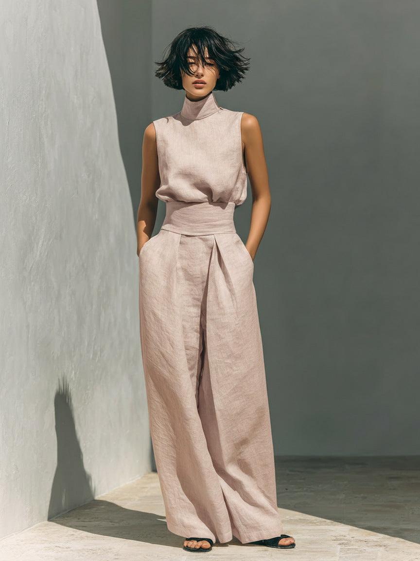 Women’s Cotton Linen Two-Piece Set – Sleeveless Top & Wide-Leg Pants
