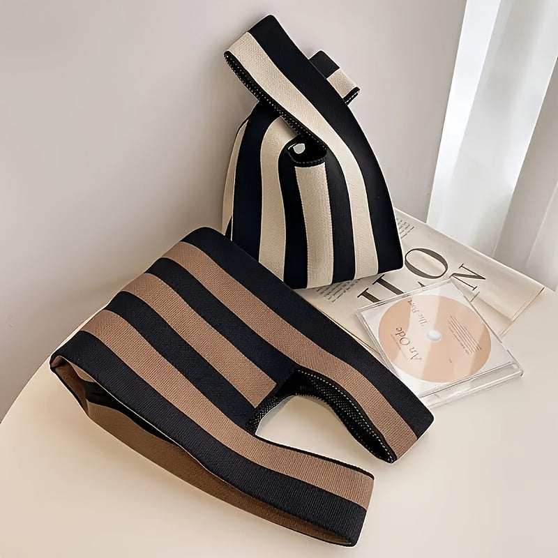 Black and tan stripe knot tote shown open and knotted