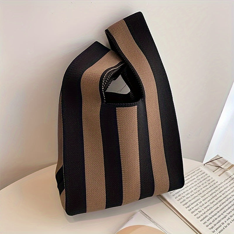 Black and tan stripe knit knot tote bag