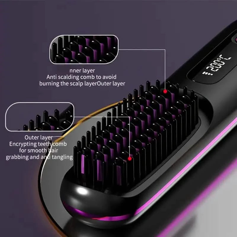 Portable Wireless Hair Straightener Comb – USB Rechargeable, 3-Speed, Negative Ion