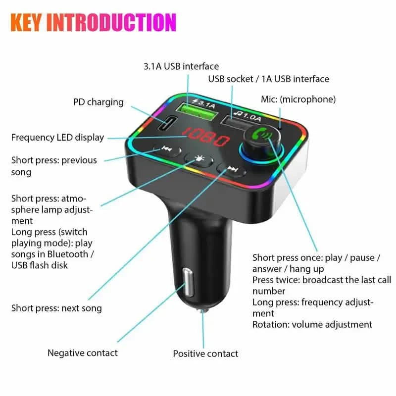 7 Color LED Backlit Light Bluetooth FM Transmitter and Dual USB Charger Automotive - DailySale