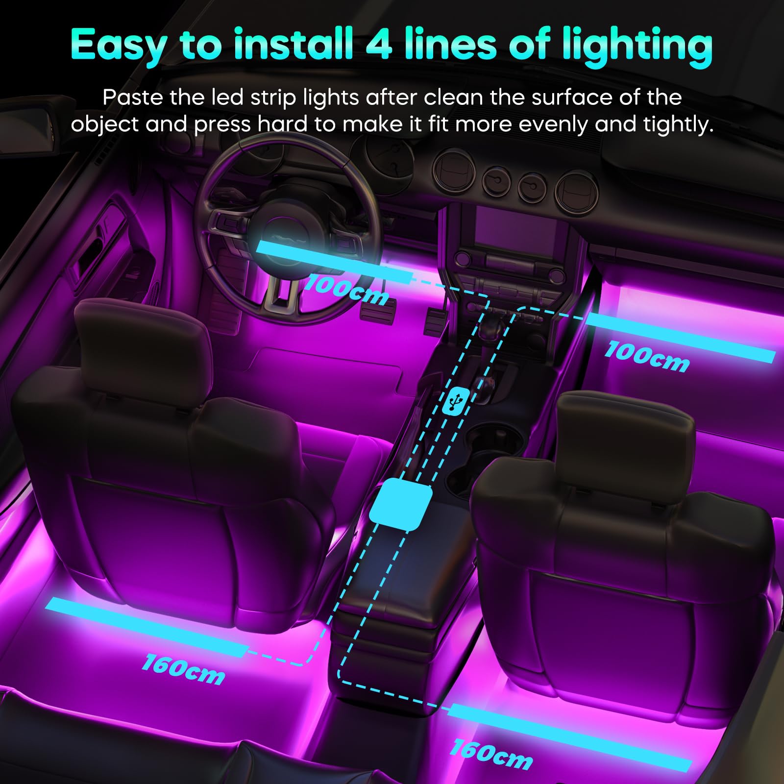 Car Interior LED Lights — Music Sync App Control Color Changing USB Strip Lights for Car & Truck