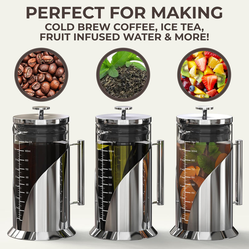 Cafe Du Chateau Cold Brew Coffee Maker - 34oz Airtight Iced Coffee & Tea Pitcher with Measuring Label, Stainless Steel Filter, Ideal for Fridge Storage