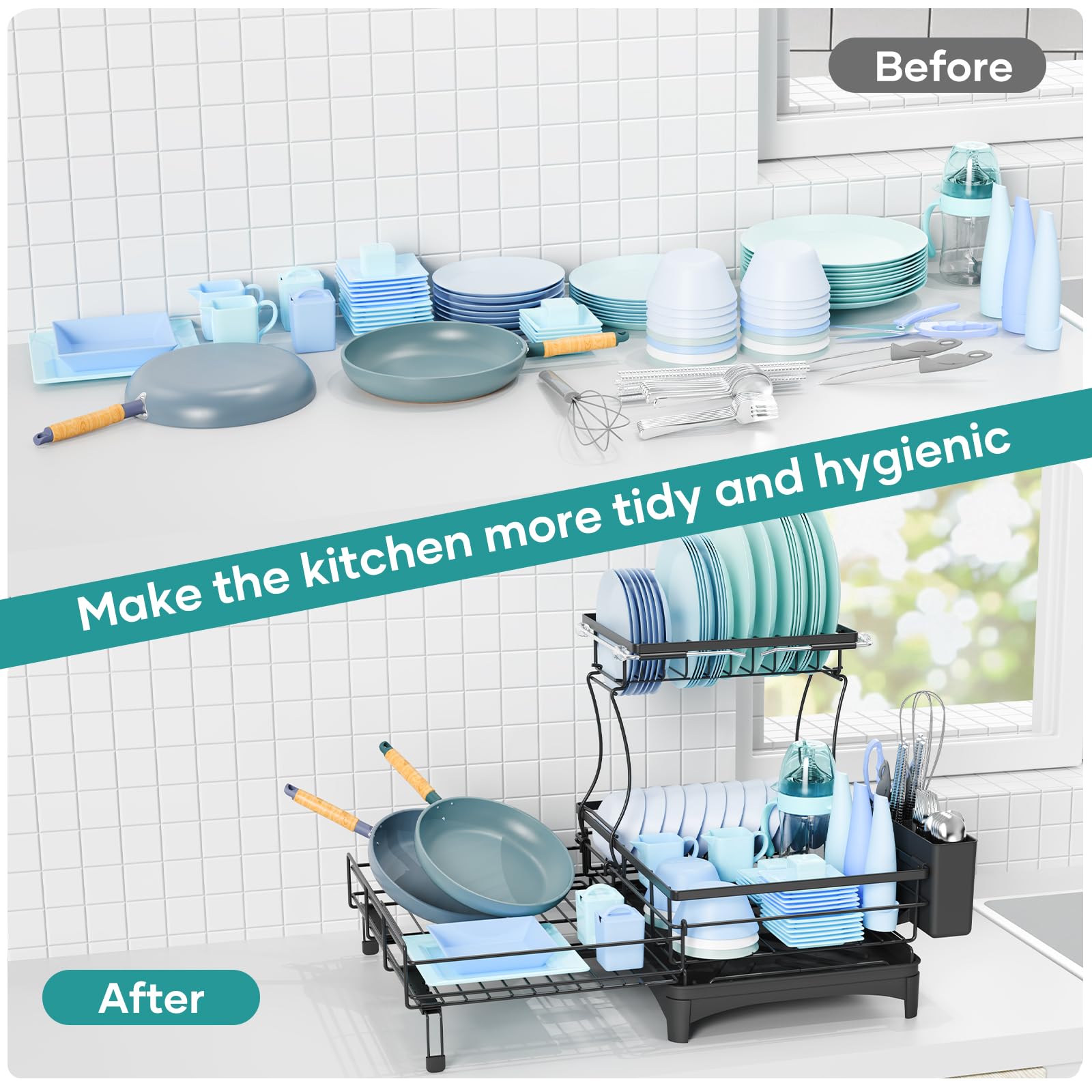 Gtyasm Extendable 2Tier Dish Drying Rack Drainboard & Cutlery Holder Black Large