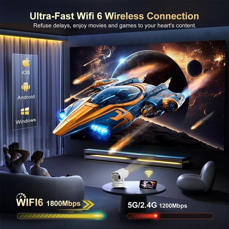 Pro Mini Portable Smart Projector with Android 13, Full HD, WiFi 6, Bluetooth 5.0, Built-in Apps for Netflix & YouTube – Works with Phone, Laptop, TV, HDMI, PS5