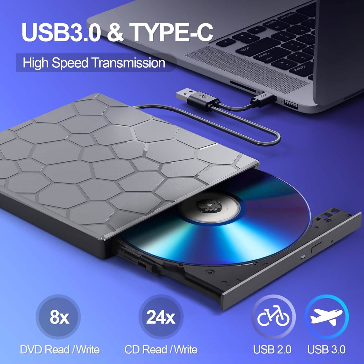 High-Speed USB 3.0 External CD/DVD Drive with Burner – Plug & Play, Windows & Mac Compatible