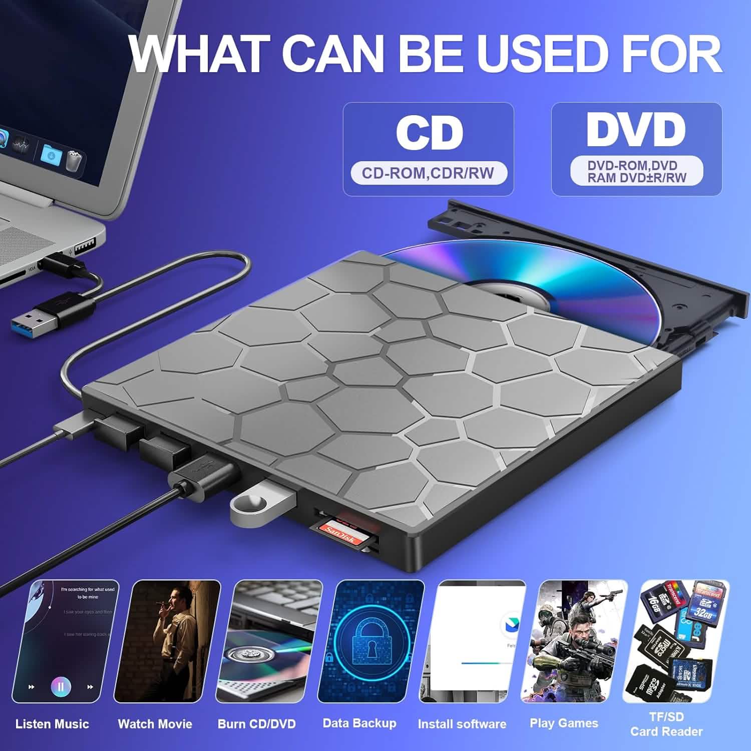 High-Speed USB 3.0 External CD/DVD Drive with Burner – Plug & Play, Windows & Mac Compatible
