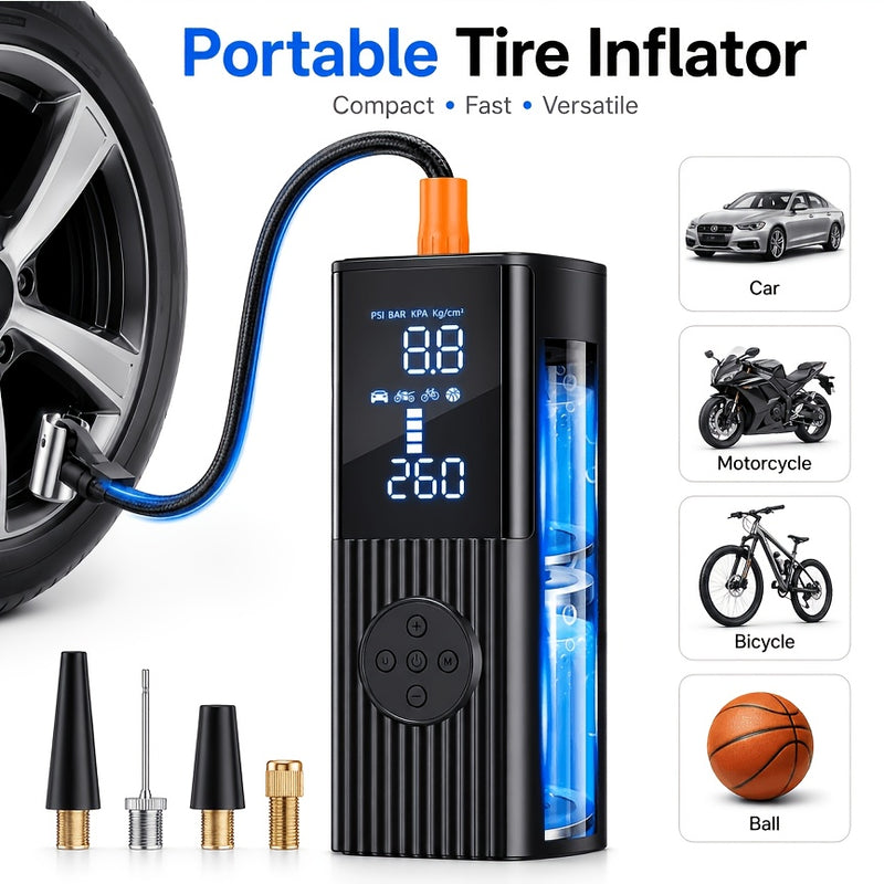 Black cordless portable tire inflator with digital pressure gauge and nozzle adapters