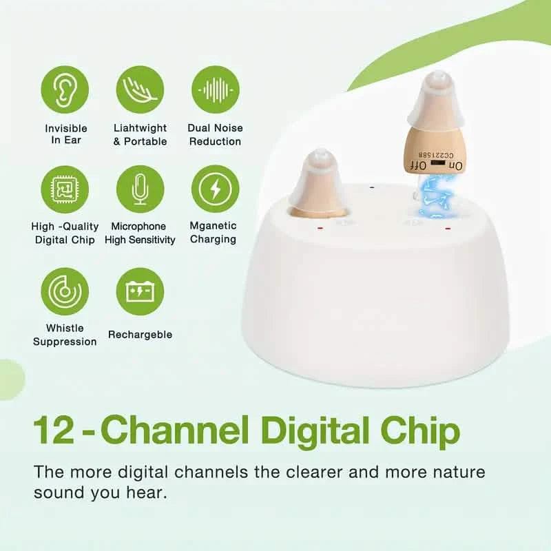 Rechargeable Hearing Aids – Invisible In-Ear, Noise Reduction, Volume Control