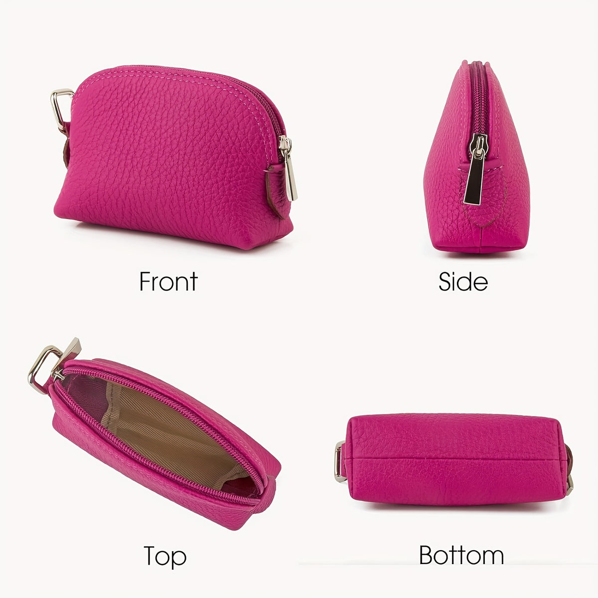 Front, side, top and bottom views of the dome coin purse