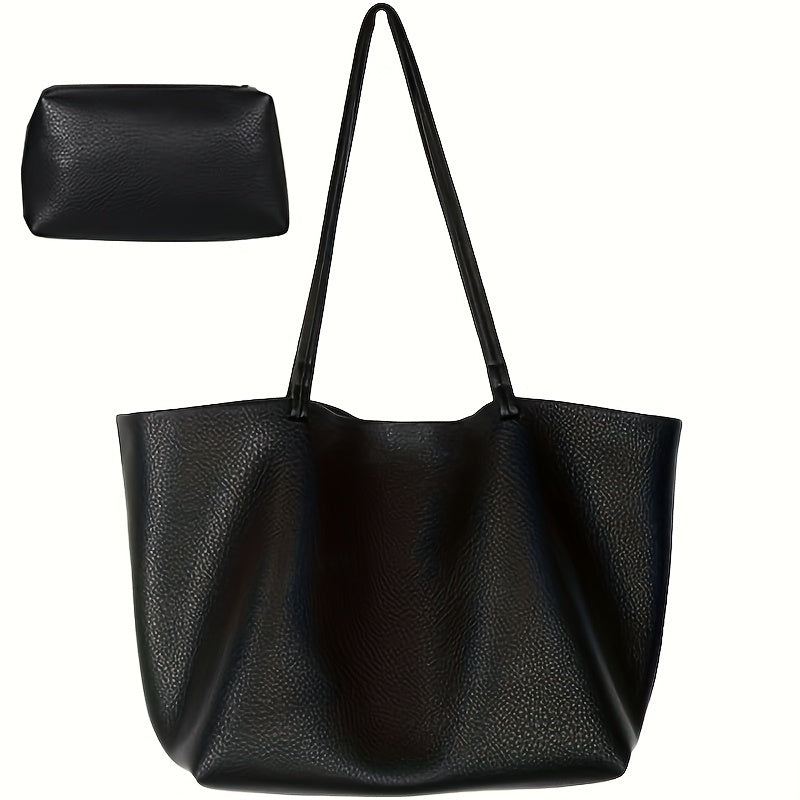 Black PU leather shoulder tote with matching zip pouch