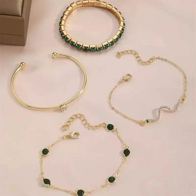 4pcs Green Emerald Rhinestone Snake Bracelet Set for Women