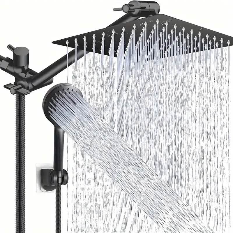 8-Inch High Pressure Showerhead with 11-Inch Adjustable Extension Arm Bath Black - DailySale
