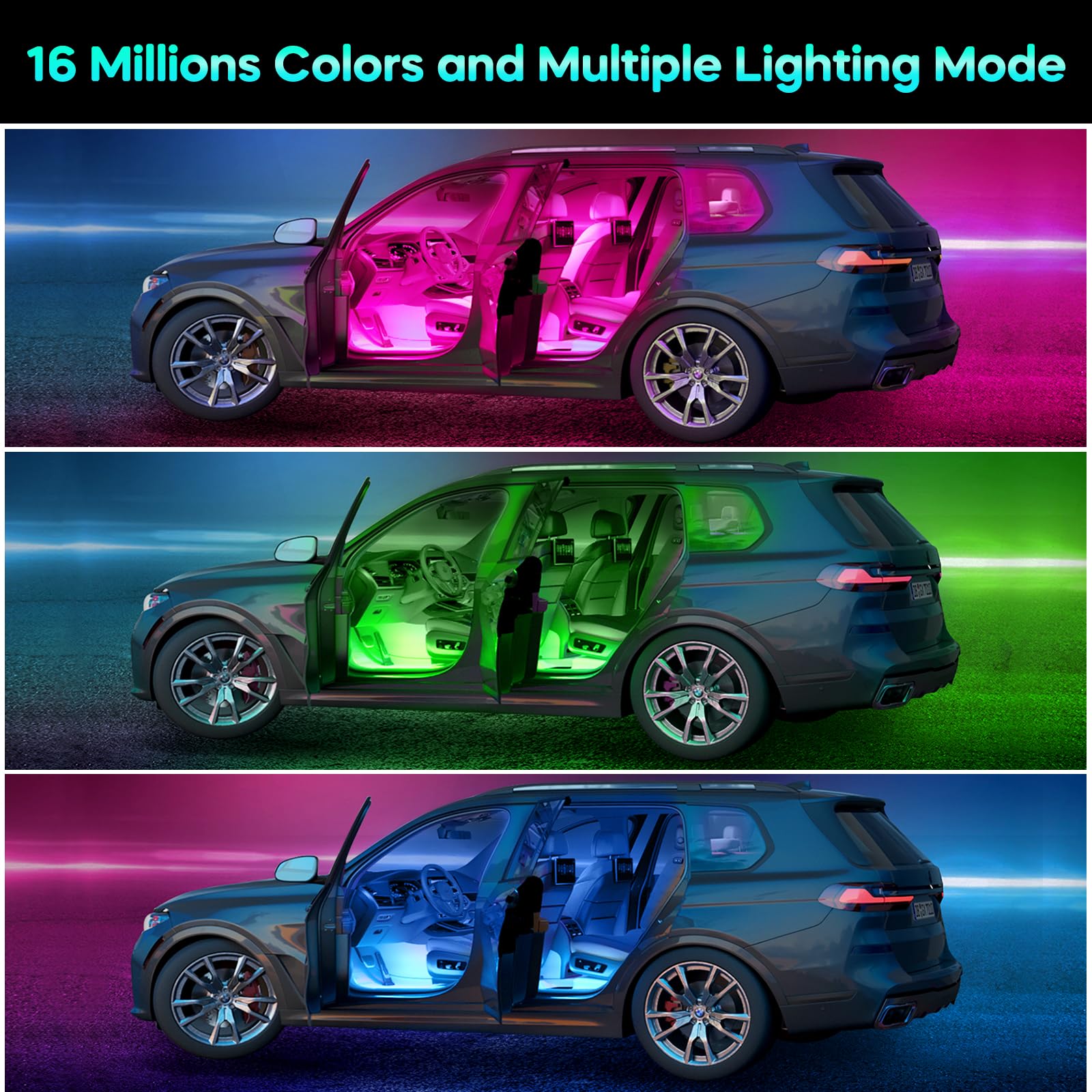 Car Interior LED Lights — Music Sync App Control Color Changing USB Strip Lights for Car & Truck