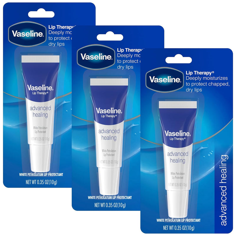 Vaseline Lip Therapy Advanced Healing Lip Balm Tube 3-Pack – White Petroleum Lip Protectant, 0.35 Oz Ea