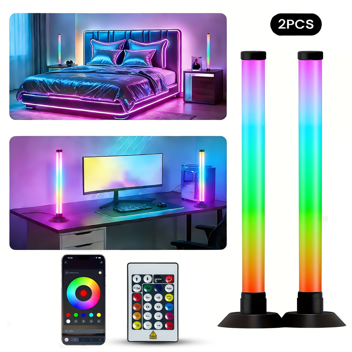 Two light bars with the phone app and the remote control, shown in a bedroom and at a desk