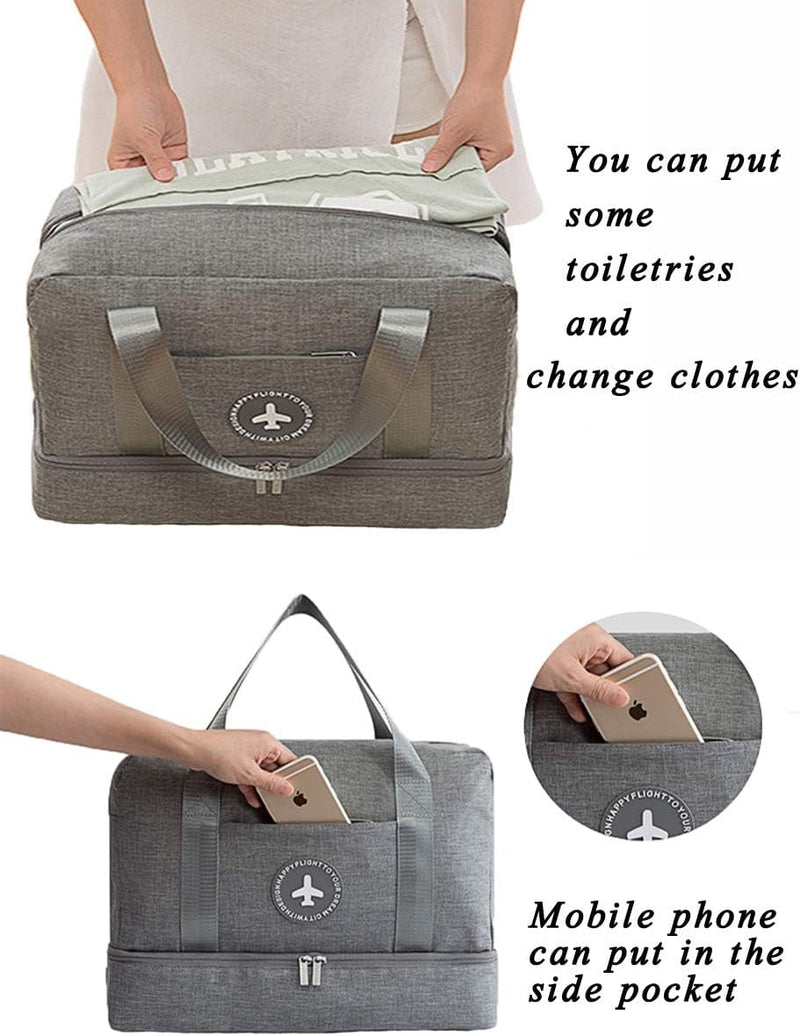 Packing toiletries and clothes, with a phone in the side pocket