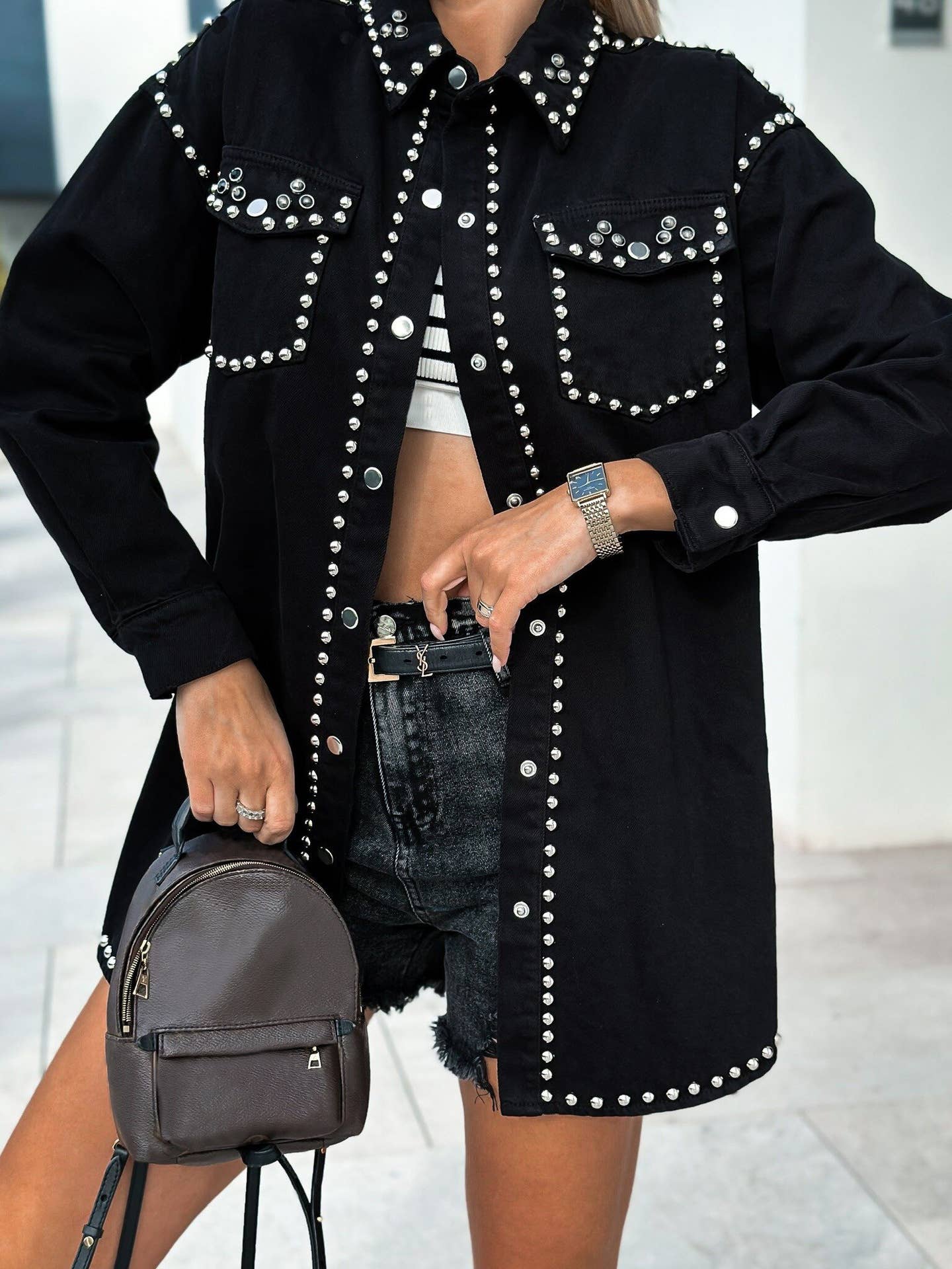 Black Vintage Street Style Studded Denim Jacket