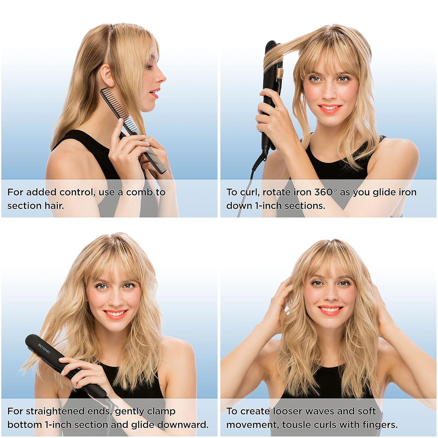 BIO IONIC Onepass Styling Flat Iron with NanoIonic & Moisturizing Heat Technology, Hydrated and Frizz-Free Hair, Ceramic Hair Straightener with Silicone Strip for Gentle OnePass Styling