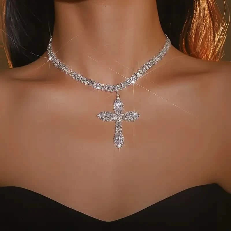 925 Sterling Silver Cross Pendant Necklace with Sparkling Rhinestone Embellishments Necklaces - DailySale