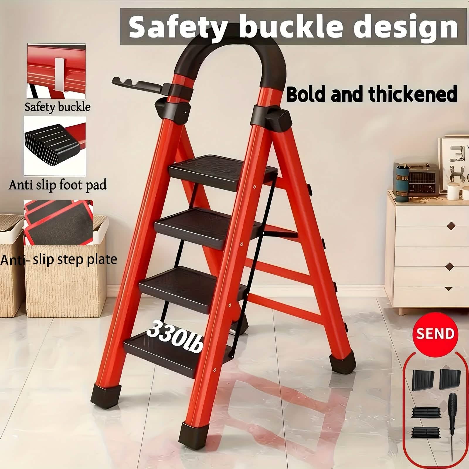 Folding 3/4-Step Ladder – Portable Steel Step Stool, Anti-Slip