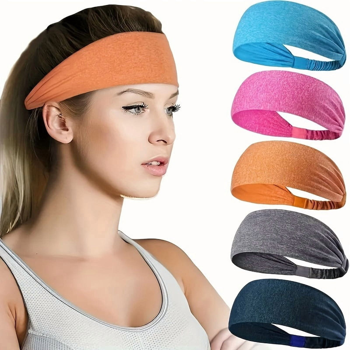 Model wearing an orange headband, with the five colours in the pack stacked beside her