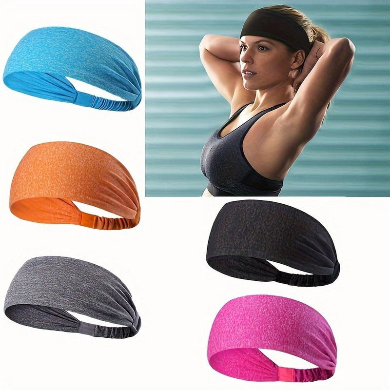 Model in an orange headband with a ponytail pulled through, the colour stack alongside