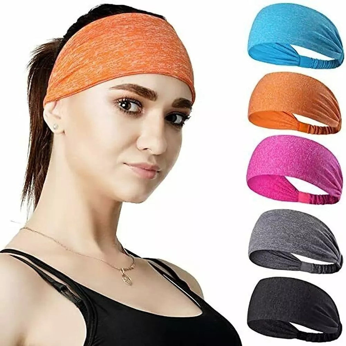 The five headbands stacked in blue, pink, orange, grey and navy, with a model wearing the black one