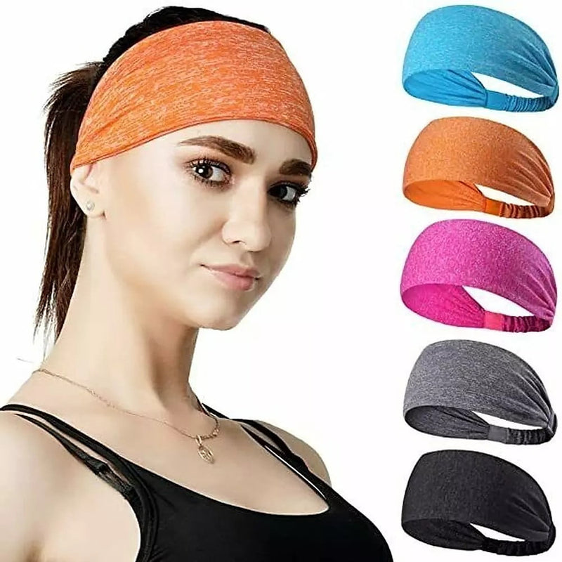 The five headbands stacked in blue, pink, orange, grey and navy, with a model wearing the black one